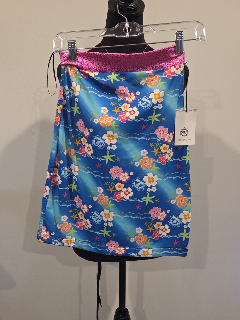 Blue Floral Satin Skirt with Pink Waistband